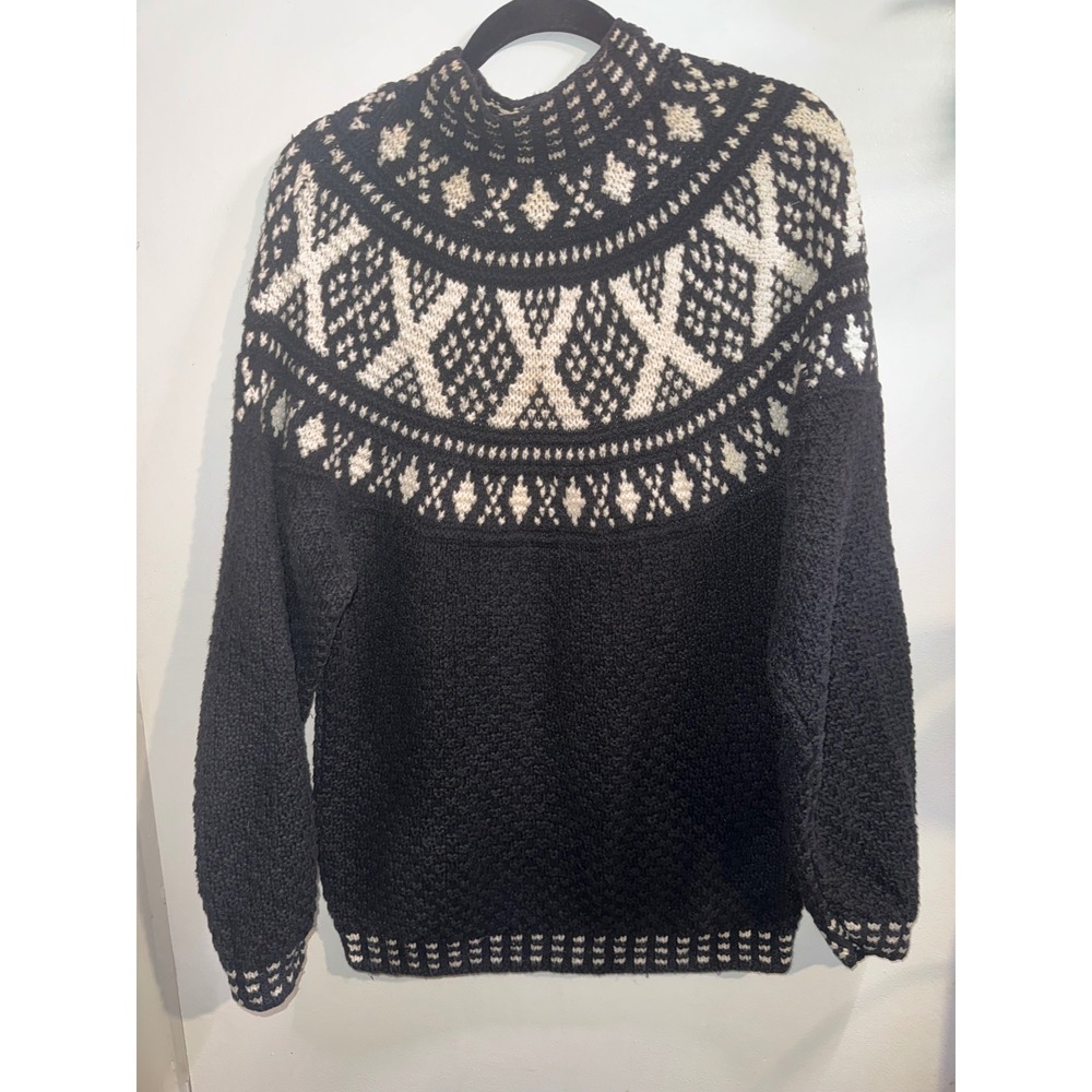 Casual Corner Fair Isle Mock Neck Sweater Black Cream Ramie Cotton Blend Medium